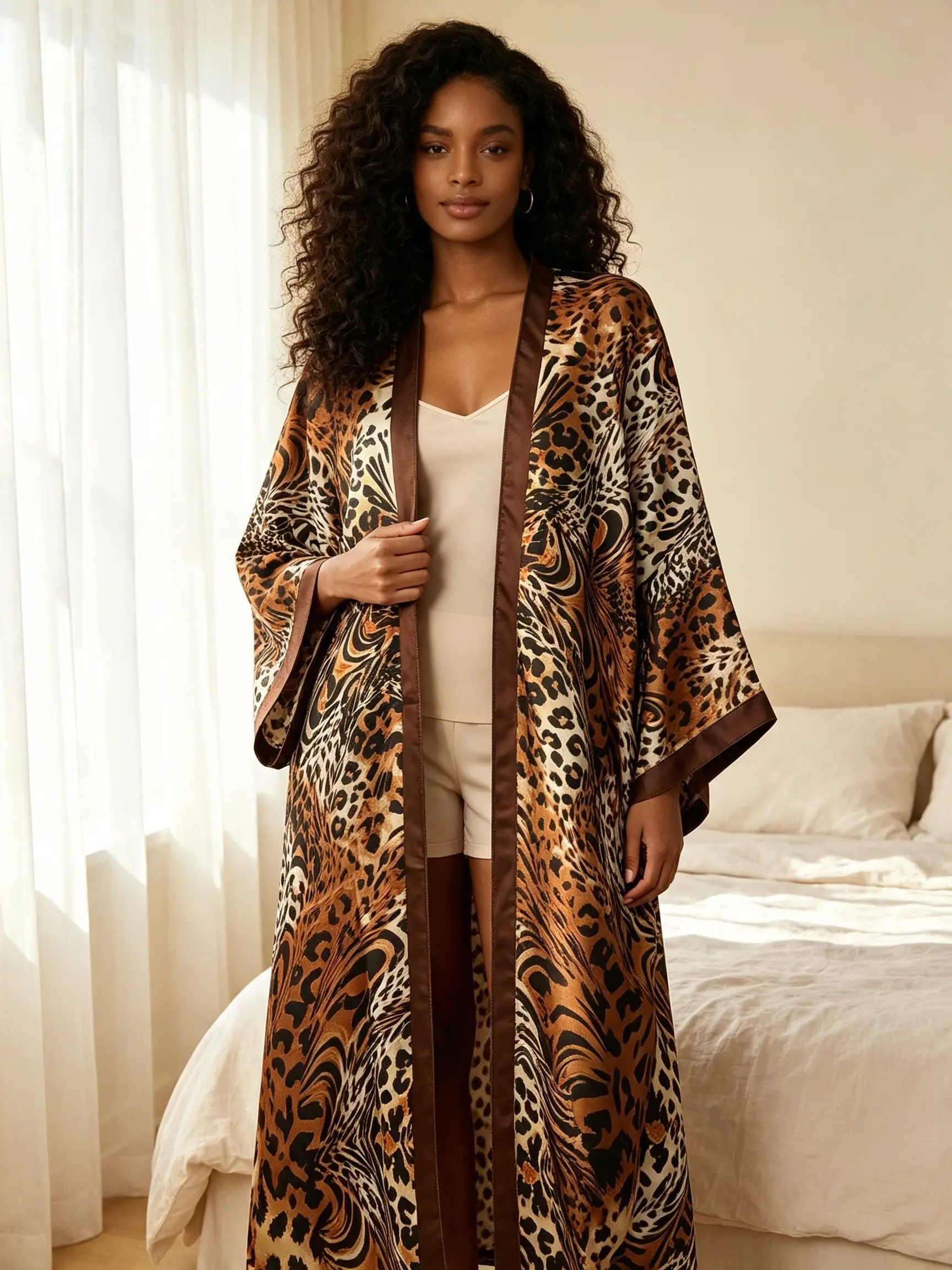 Women's Boho Long Kaftan Robe, Vintage Animal Print Silk Batwing Sleeve Lounge Wear, Lightweight Loose Casual Dress for Home, Family Gatherings, Beach Trips