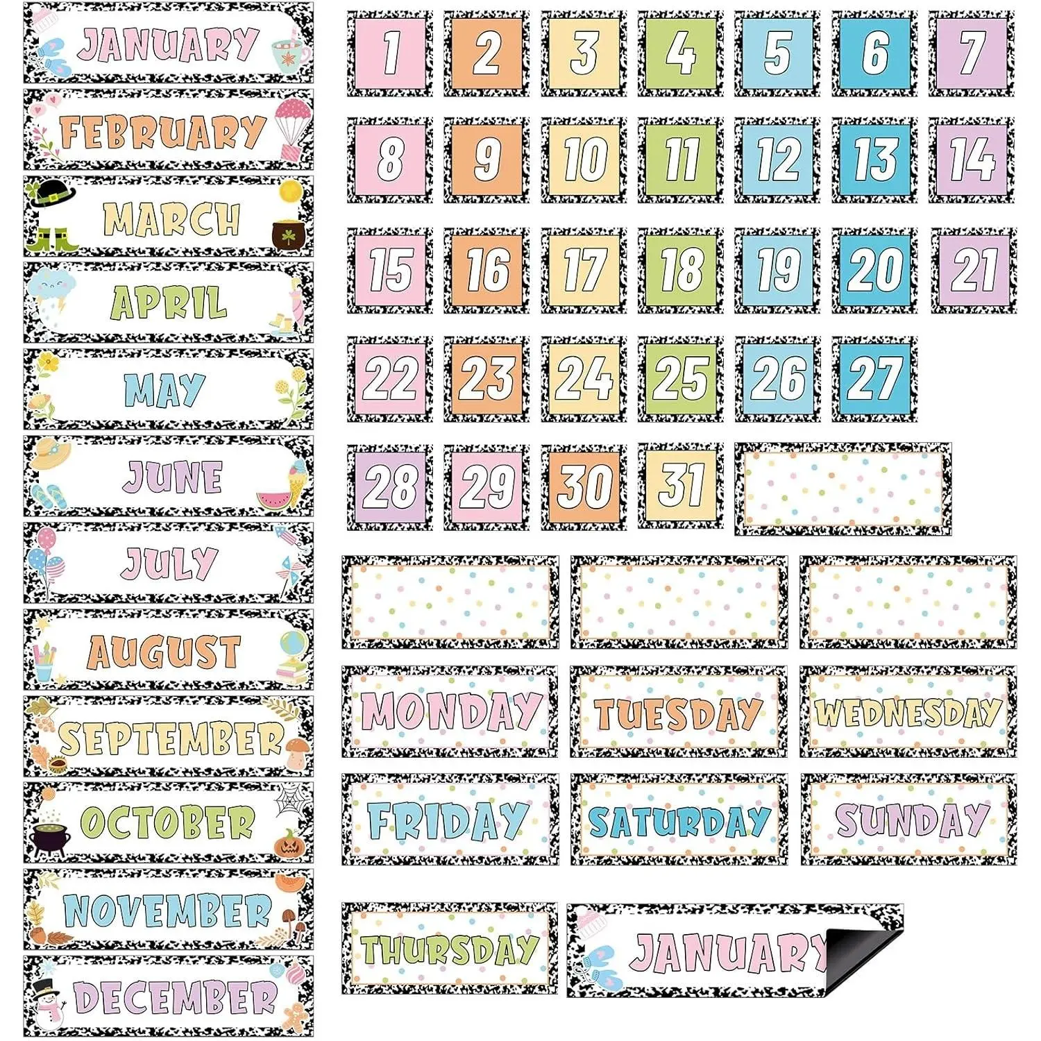 54-Piece Pastel Composition Calendar Magnets - Months, Days of the Week, Number Date Indicators for Home Decor, Classroom Whiteboard, Refrigerator Supplies