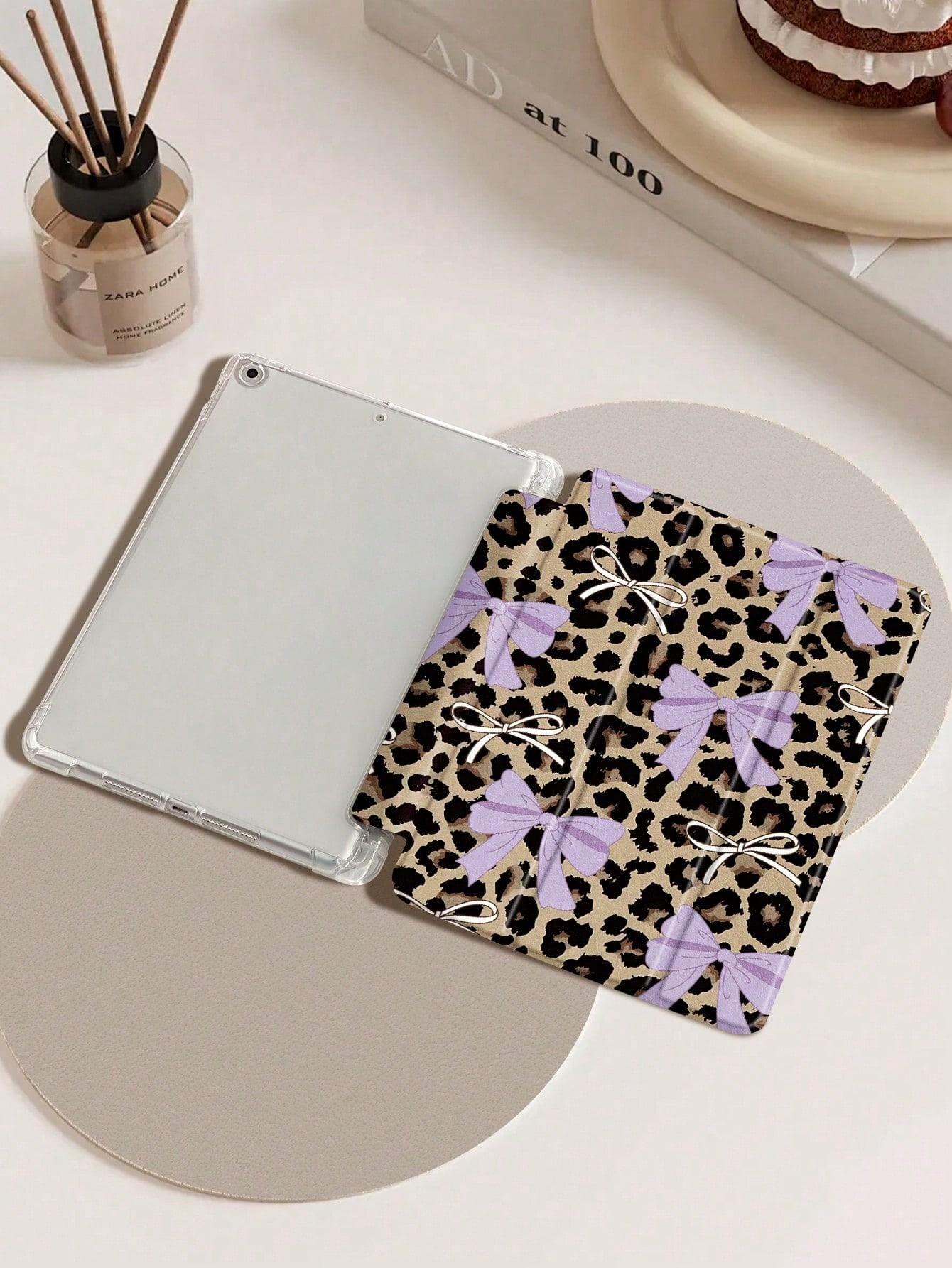 Leopard Bow IPad tablet Case, Compatible with Ipad 10th gen,ipad Mini 4/5/6/7, 2024 air 11inch, 11th 2025, 2019/2020/2021 10.2inch, air 5/6/7, and Samsung A7/A8/A9/S7/S8/S9, Automatic Wake Up/Sleep/built-in Pen Slot, Three-fold Protective Tablet Case