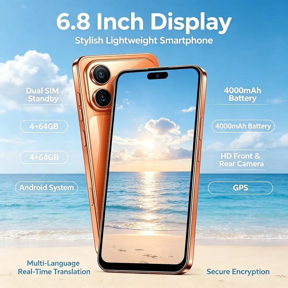 Fashion Slim Smart Phone 6.8 Inch Large Screen, 4+64GB Dual Sim, Android Os, HD Camera, GPS, Multilingual Translation, Privacy Security, Long Battery Life