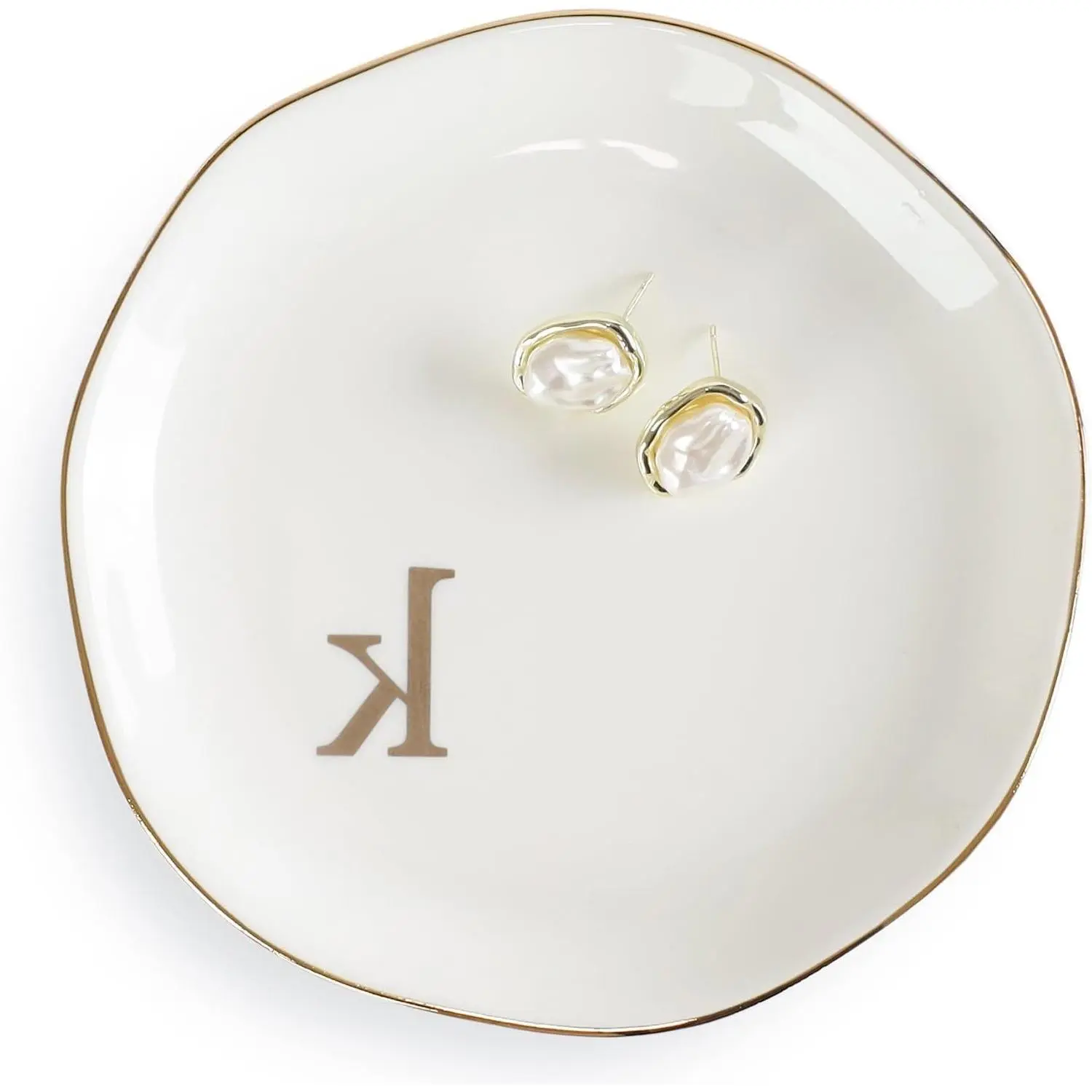 Initials Ring Dish Jewelry Tray with Personalized K-Monogrammed Engagement Wedding Gifts for Friends, Sister, Birthday Christmas Gifts for Women, Ceramic WhiteGift