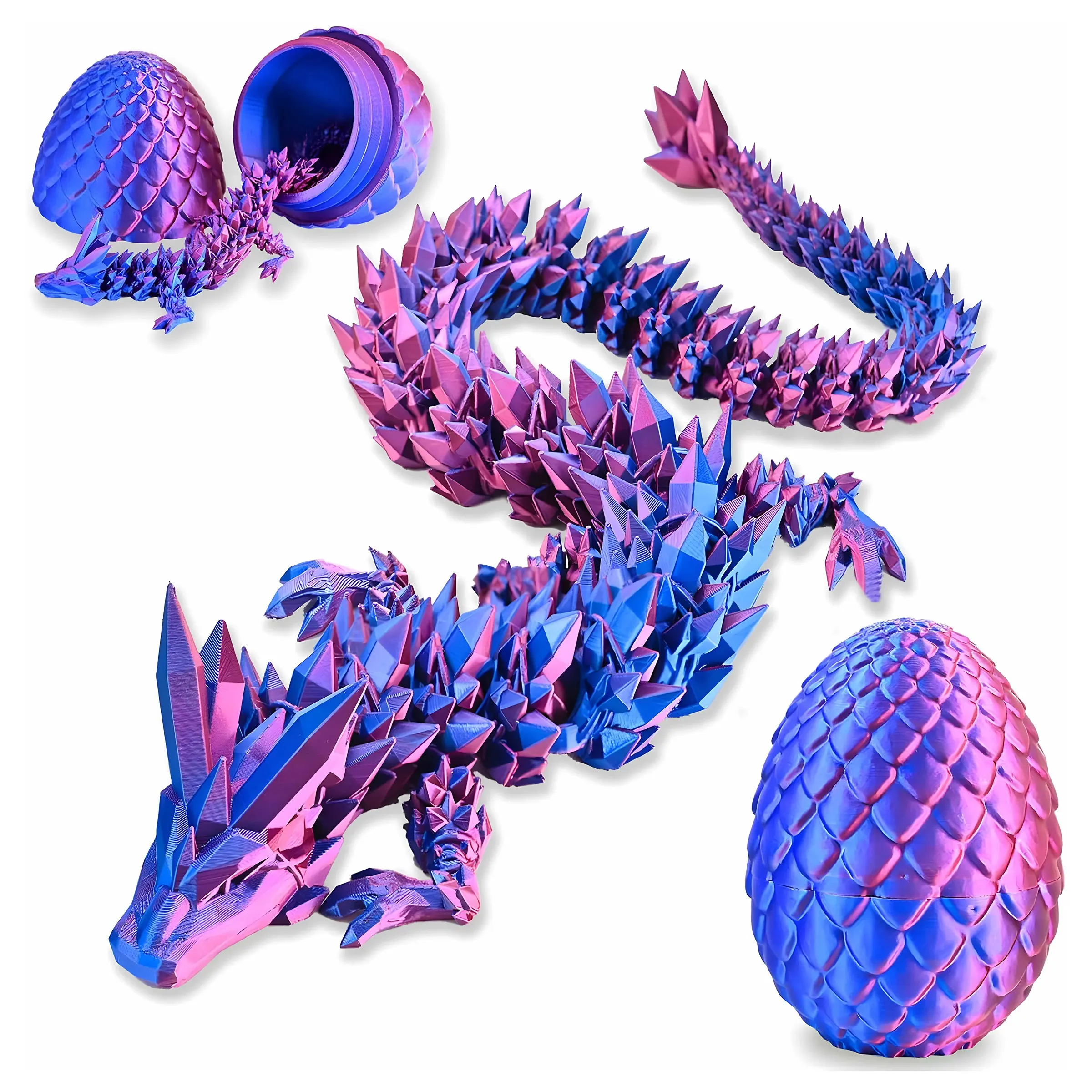 3D Printed Crystal Dragon and Egg, Hinged Flexible Finger Ornament, Blue Crystal Dragon, Desktop Decoration Ornament for Dragon Enthusiasts, Stress Relief Gift