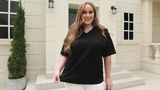 【1XL-5XL】Plus Size Curve Imily Bela Curve Women's V Neck T Shirts Summer Half Sleeve Tees Casual Loose Fit Cotton Tunic Tops