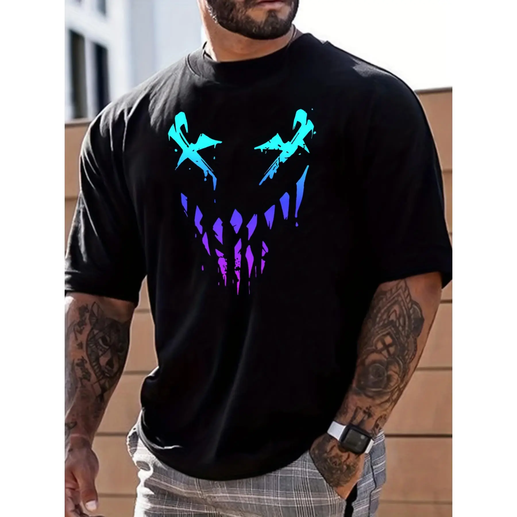 Men's Casual Short Sleeve Gradient Color Sharp Teeth Face Print Crew Neck Graphic Tee Loungewear Top Pajamas Trendy Daily Summer T-shirt cotton streetwear