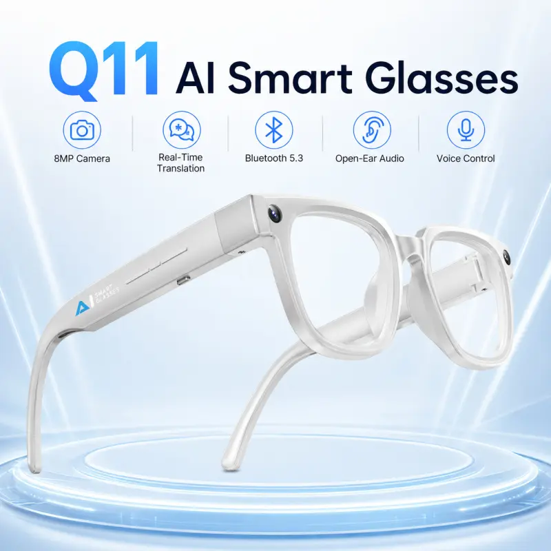 Q11 AI Smart Glasses with HD Camera, Real-Time Translation, Bluetooth Calls, Open-Ear Audio, Voice Assistant, Smart Camera Glasses for Travel Work Daily Use