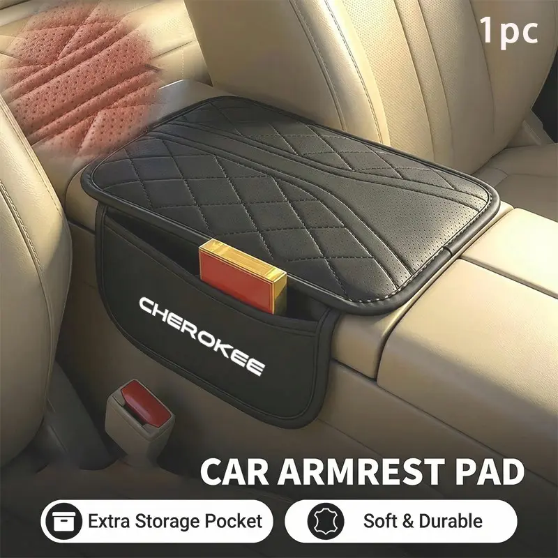 Jeep Cherokee Armrest Pad, Perforated Breathable PU Leather, Double-Sided Pocket Design, Interior Storage & Protection, 1pc