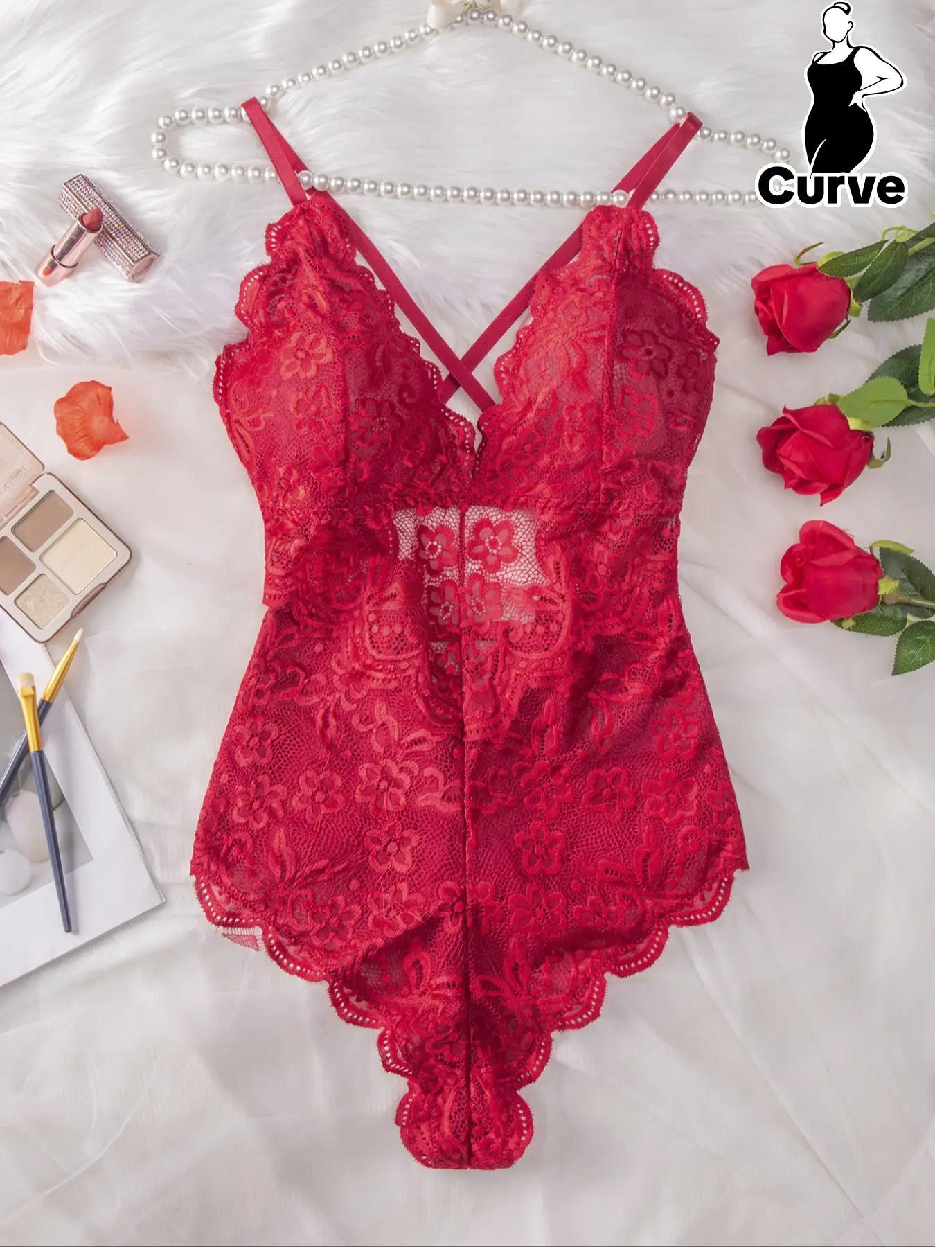 【Plus Size】 Criss Cross Cut Out Sheer Lace Cami Bodysuit, Open Crotch Design Sexy Bodysuit for Daily Wear, Women's Plus Size Sexy Lingerie for All Seasons