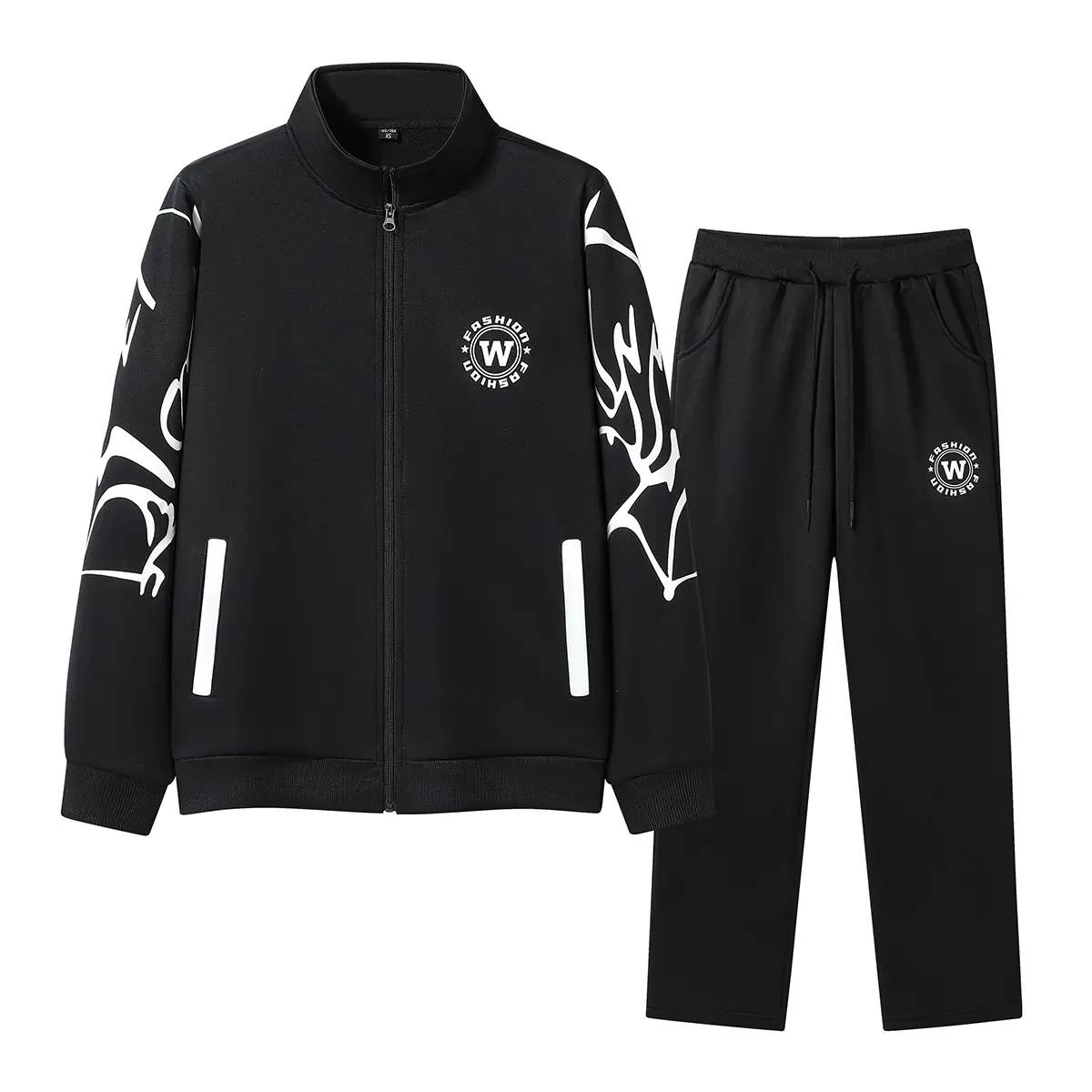 Male 2-Piece Minimalist Tracksuit - Long Sleeves Anti-Pilling Fleece Abstract Print Zip Jacket & Full-Length Drawstring Sweatpants, Loose-Fit Streetwear, Daily Wear
