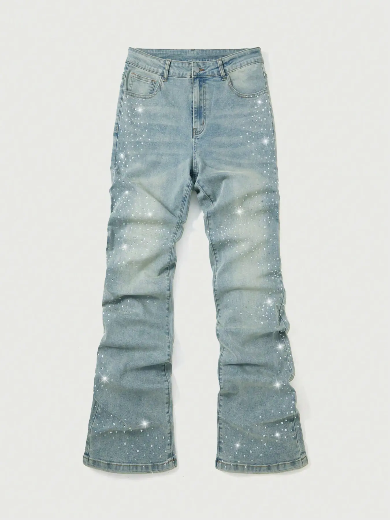 Men's Blue Microflare Jeans, Vintage Rhinestone Print, All-Season Stretch Casual Long Pants, Fashion Loose-Fit Denim