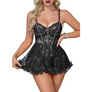 Goddess wardrobe CRIPOM Sexy Floral Lingerie Babydoll Push Up See Through Underwire Chemise with Open Back Lingerie Sets for Women XS-3XL