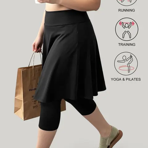 Plus Size High-Waisted Side Zip Pocket Skort, Quick-Dry Soft Sports Skirt with Capri Leggings, Yoga Running Training Skort with Hip Coverage, Workout Skorts