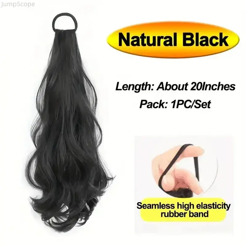 20 Inch Synthetic Wavy Ponytail Hairpiece, Heat‑Resistant Seamless Extension with High Elastic Band, Natural Look for Daily & Party Use