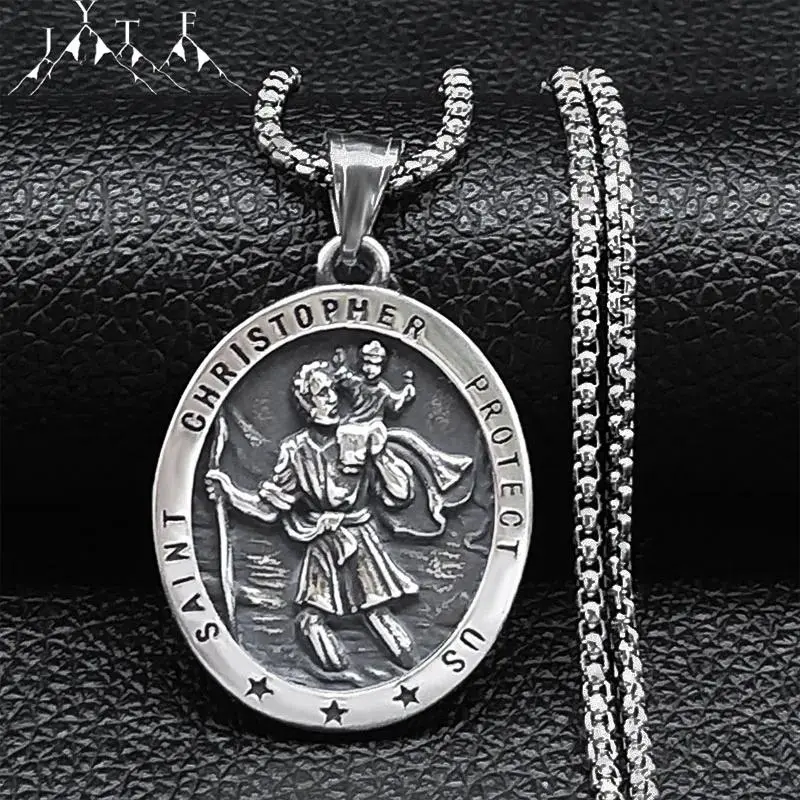 Saint Christopher Protect Us Cross Medal Necklace Stainless Steel Archangel Saints Protection Amulet Necklaces Jewelry NZZ303S05