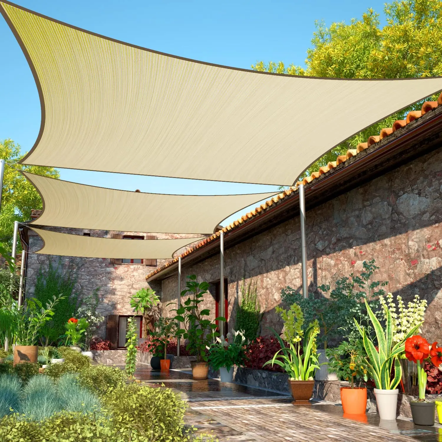 12' x 16' Beige Sun Shade Sail Rectangle Canopy Fabric Cloth Screen, Water and Air Permeable & UV Resistant, Heavy Duty, Carport Patio Outdoor - (We Customize Size)