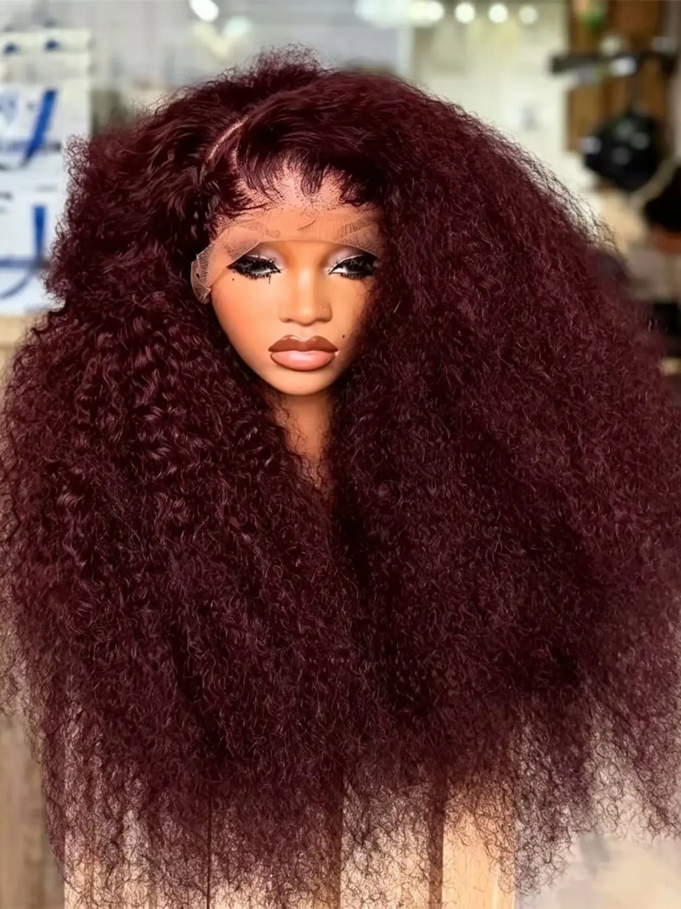 26Inch 180%Density Kinky Curl Wigs Wine Red Glueless Lace Front Wigs Fashionable Women's Wigs Heat Resistant Breathable Natural Look Daily Wigs For Black Women burgundy Wigs