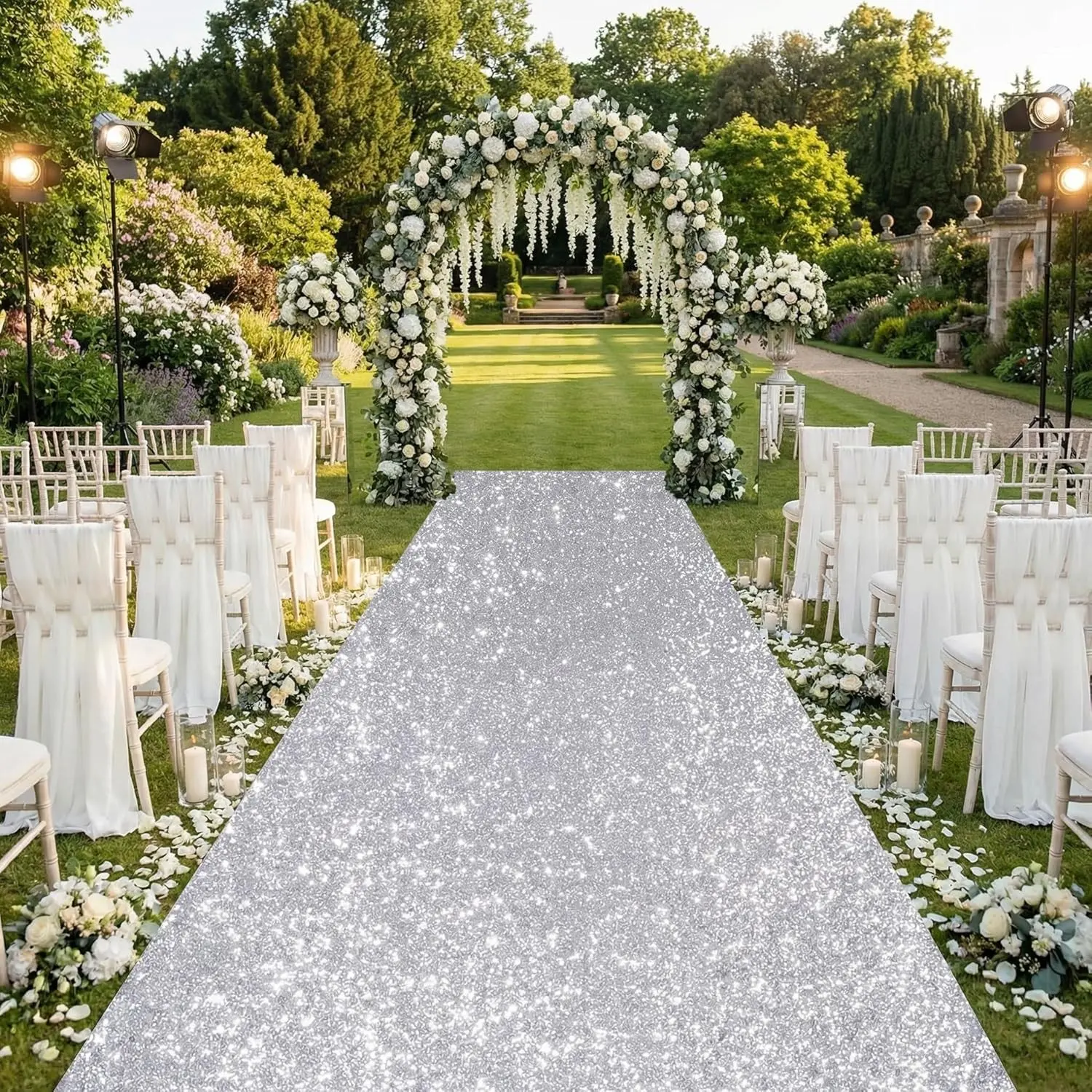 Wedding Aisle Runner: 4FT×15FT Sequin Fabric - Silver Sparkly Carpet Runner for Christmas Disco Prom Party Outdoor Grass Floor Indoor Rug Runner Hallway Decor