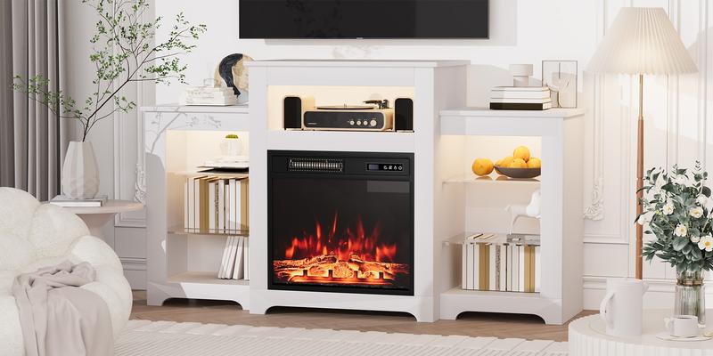 55" TV Stand with Fireplace, Media Entertainment Center Console Table with 18-inch Fireplace Insert for TVs Up to 65 Inches, Entertainment Center with Adjustable Shelves, White 55" TV Stand with Fireplace, Media Entertainment Center Console Table with 18-inch Fireplace Insert for TVs Up to 65 Inches, Entertainment Center with Adjustable Shelves, White