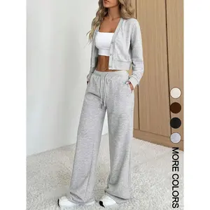 Women's Long Sleeve Knit Jacket & Pants Matching Set, Casual Fitted Fashion for Fall Winter, Comfortable Daily Wear, Versatile Style, Womenswear, Lady