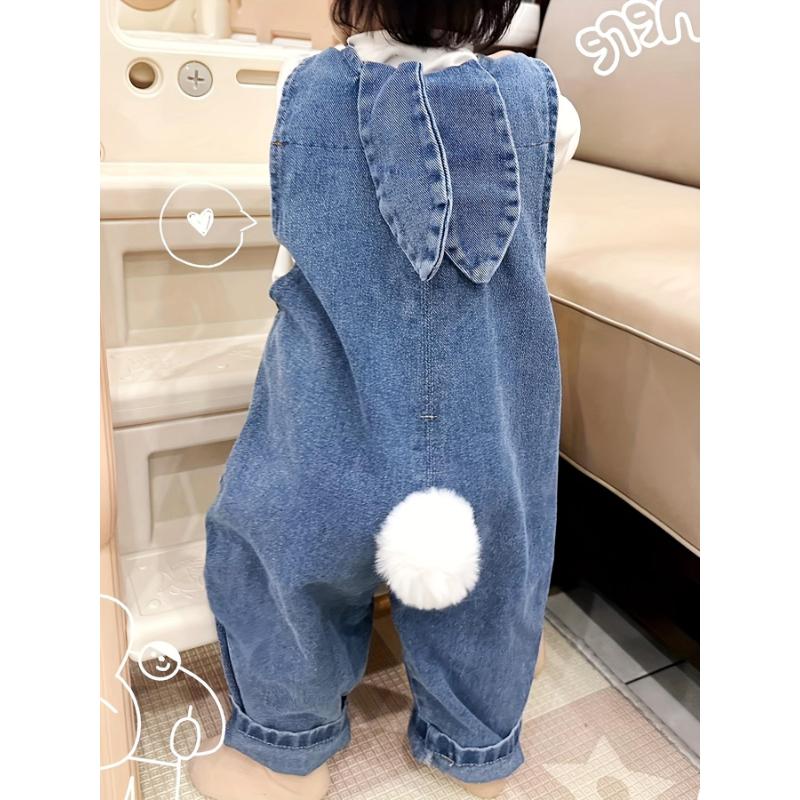 Cute and youthful light blue denim overalls with bunny ear decorations - casual loose fit, suitable for spring and autumn, machine washable, perfect for outdoor activities