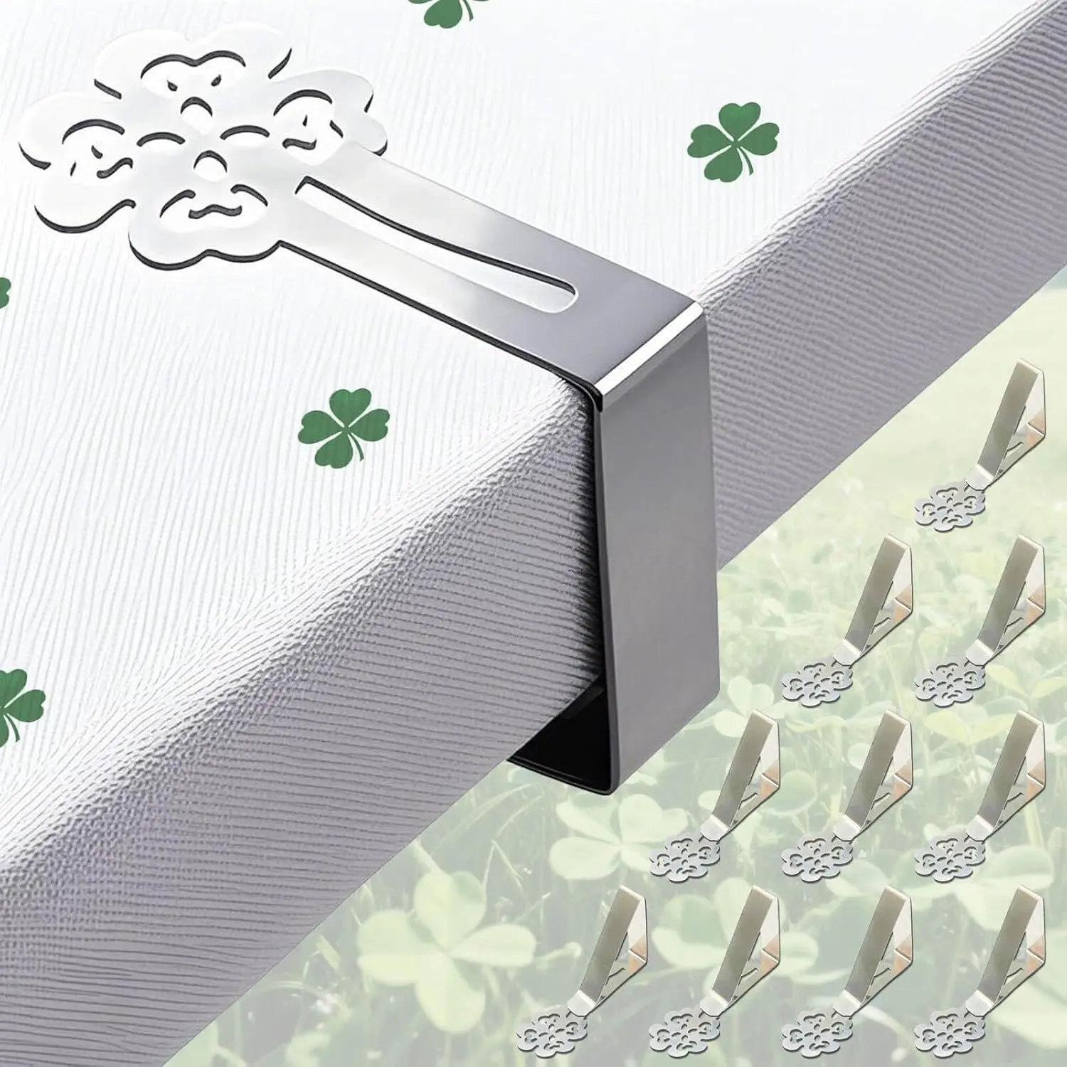 Tablecloth Clips for Outdoor Thick Tables 10 Pack, Lucky Clover Picnic Table Cloth Holder Clip Indoor, Heavy Duty Stainless Steel Cover Clamp for Party Wedding  Restaurant Camping Accessories