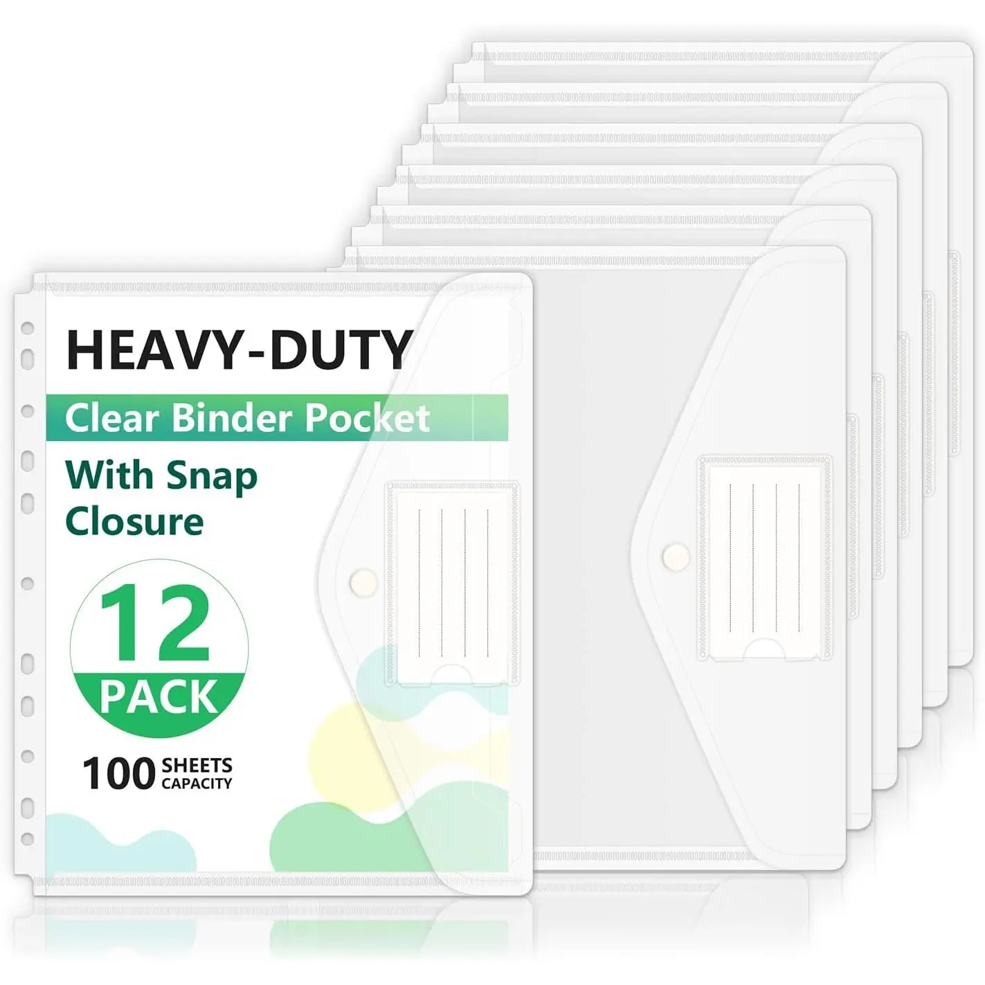 12 Pack Clear Binder Pocket, 11 Holes Heavy-Duty Plastic Binder Pouch with Snap Closure for 2/3/4 Ring Binder, Clear Binder Folders for Office, 8 Mil,100 Sheet Capacity, Letter Size