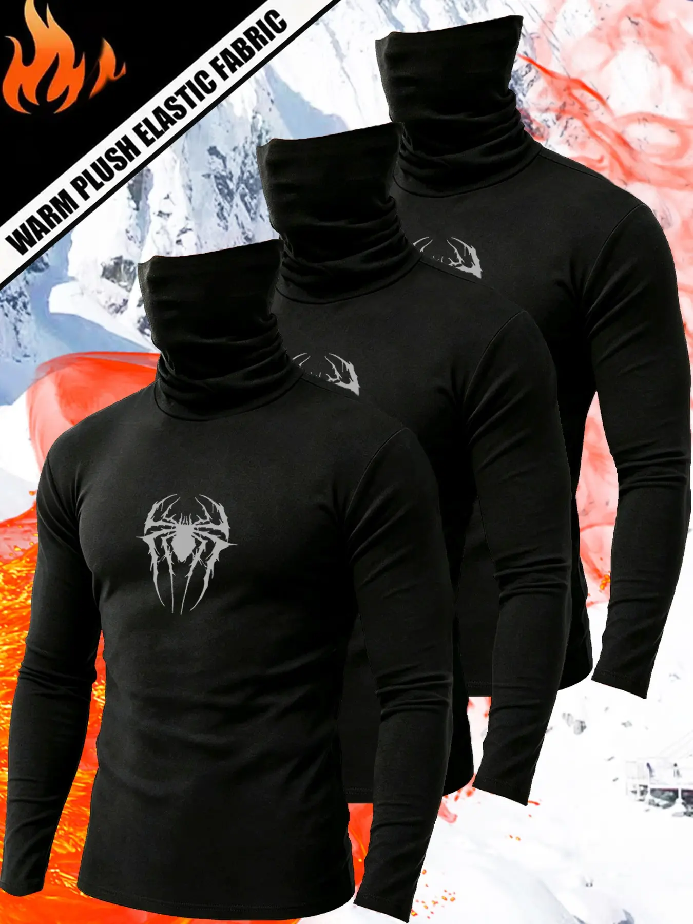 Men's High-Neck Long Sleeve Top, 3-Pack, Spider Print, Compression Shirt, Breathable, Comfortable, Ideal for Casual, Running, Sports