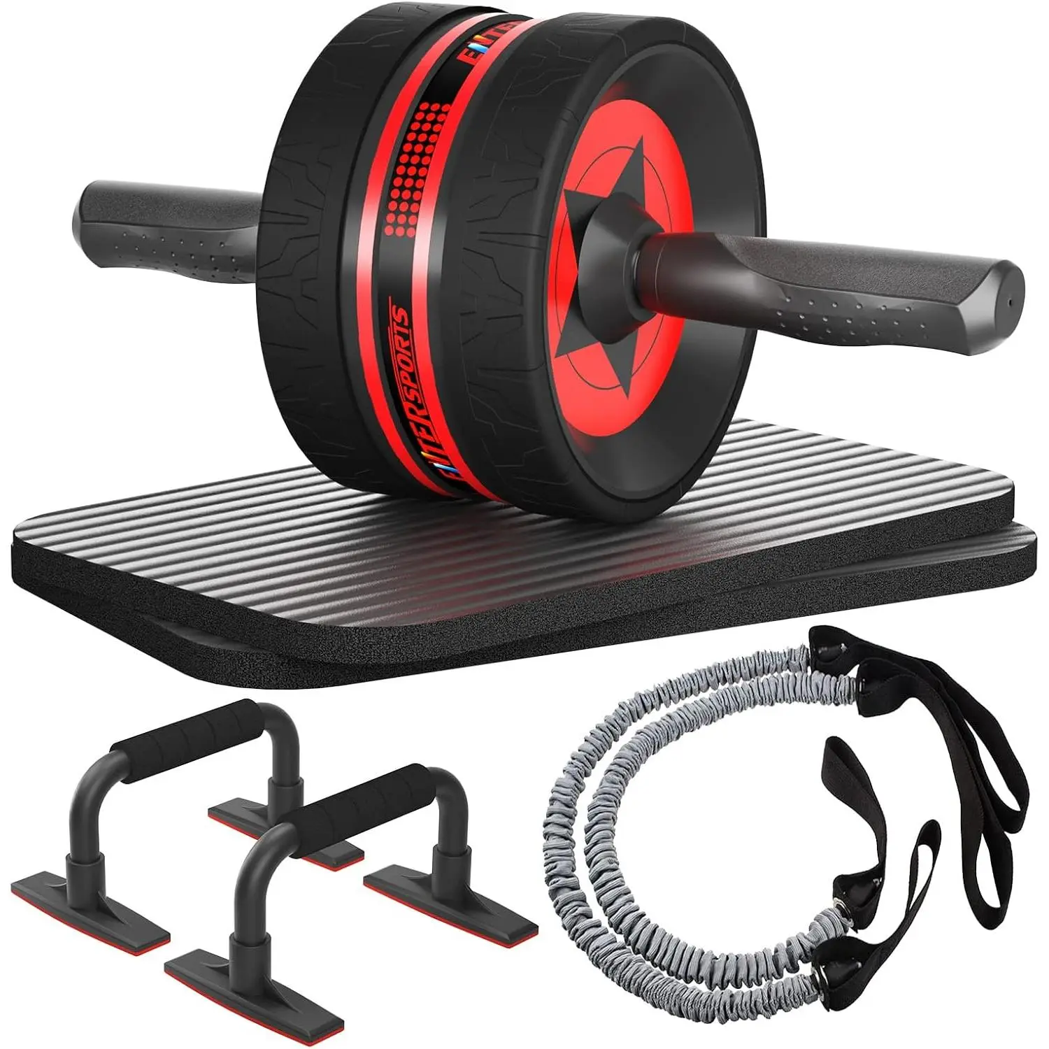 AB Wheel Roller, 6-in-1 Exercise Roller Wheel Kit with Knee Pad, Resistance Bands, Pad Push Up Bars Handles Grips, Perfect Home Gym Equipment for Men Women Abdominal Roller (Red)