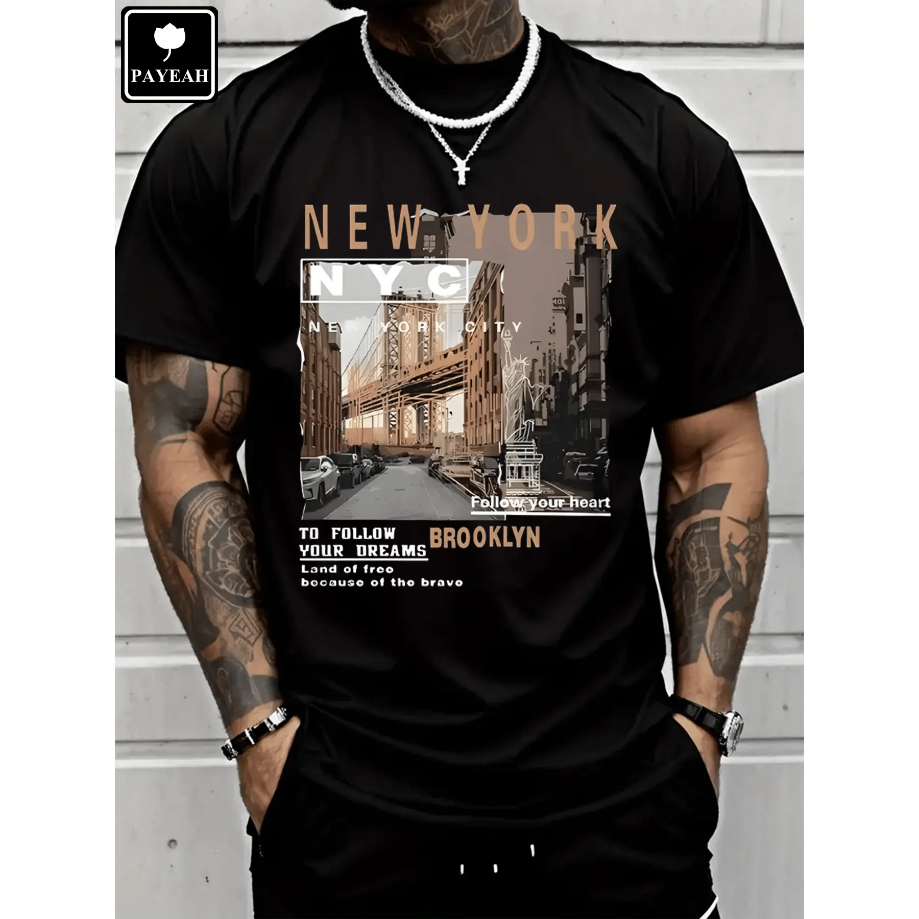 Men's Casual Cotton Streetwear Street View Of Brooklyn New York High Quality ClothingTrendyT-Shirt 100% Heavy Cotton T Shirt
