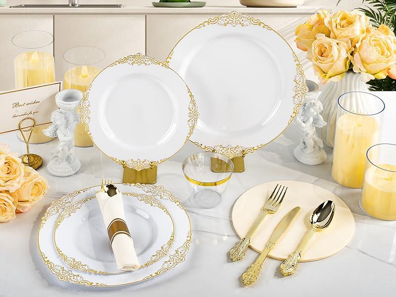 Bestluck 175PCS Gold Plastic Plates for 25 Guests, Disposable Dinnerware Sets Include 50 Gold Rim Plastic Plates, 25 Silverwares, 25 Cups, and 25 Pre Rolled Napkins for Party, Wedding and Graduation