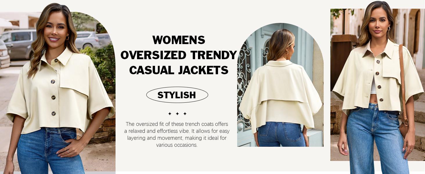 Women's Oversized Cropped Trench Coat, Single-Breasted 3/4 Cape Sleeve, Button-Up Casual Trendy Outerwear