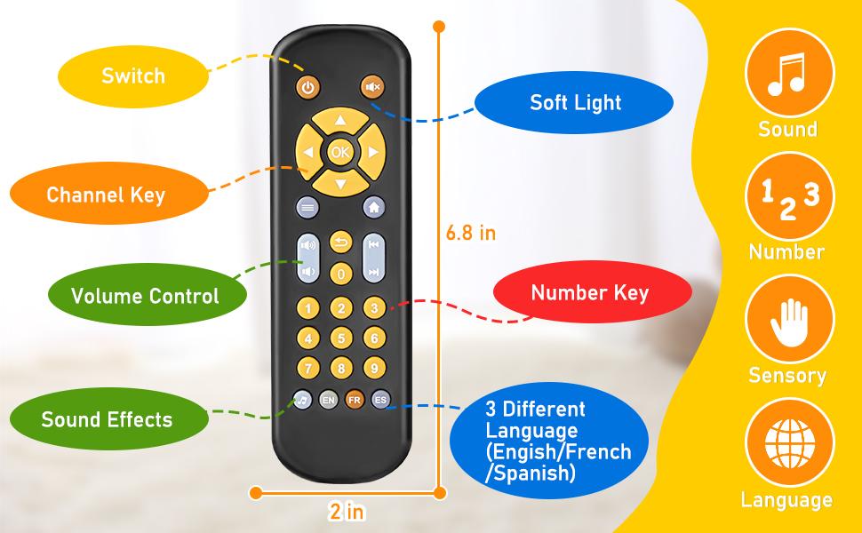 Baby TV Remote Control Toy 6 Month+, Toddler Realistic Remote Toy with Sound and Light, Early Educational Music Toys with 3 Languages English French Spanish for Infant Boys Girls 6 12 18 months