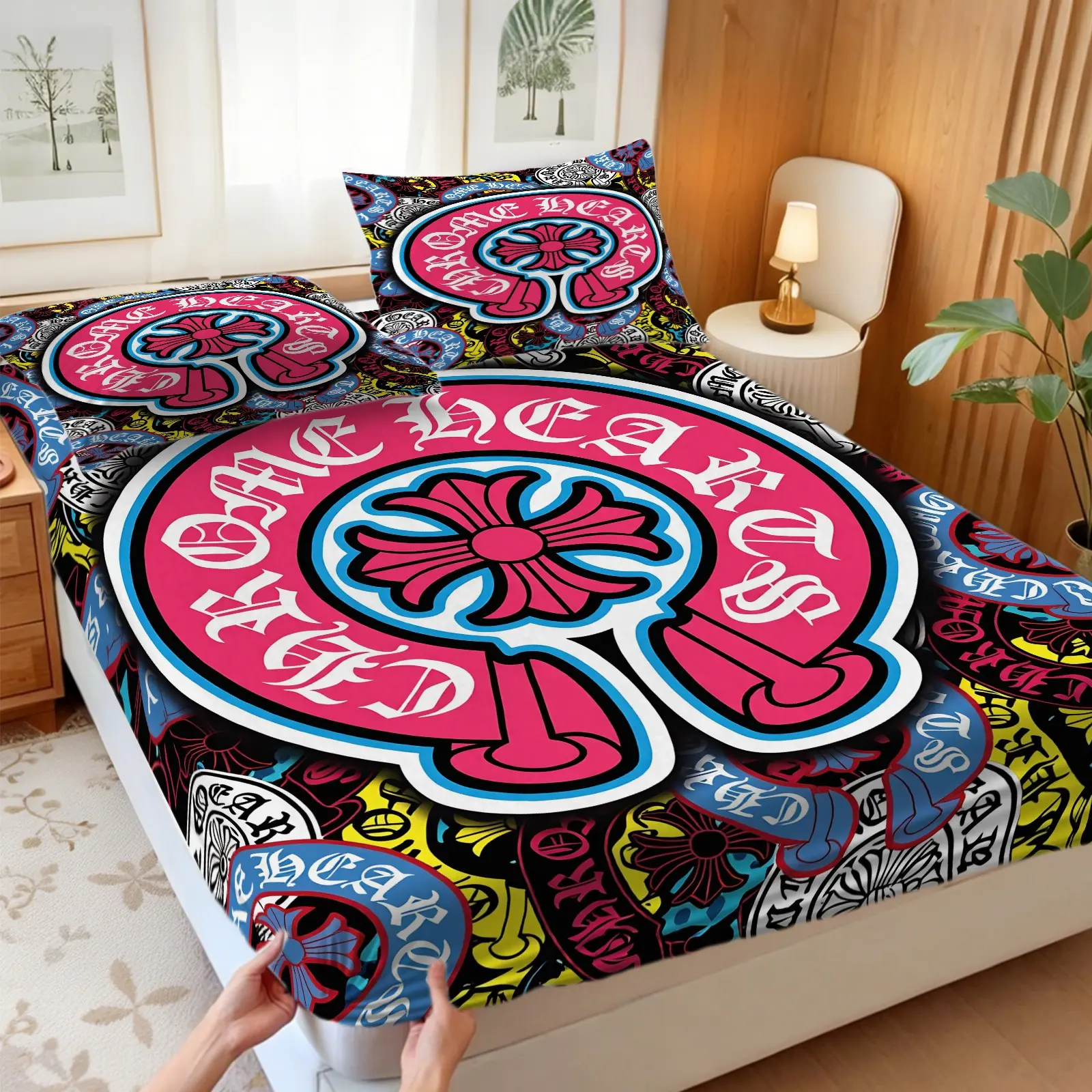 3pcs Gothic Streetwear Fitted Sheet Set, Striking Digital Print, Soft Fabric Bed Sheet Set, Comfy Bedding Sets, Bedding Set, No Fillers, For Bedroom Dorm Guest Room, Stylish Bedding Choice for Gothic‑Inspired Teens and Adult Enthusiasts