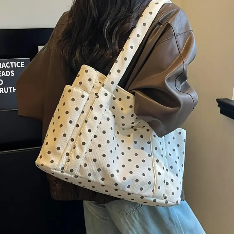 Stylish Polka Dot Tote Bag for School, Large Capacity Multi-Pocket Shoulder Bag, Lightweight Handbag, Campus Commute Essential, Back-to-School Must-Have