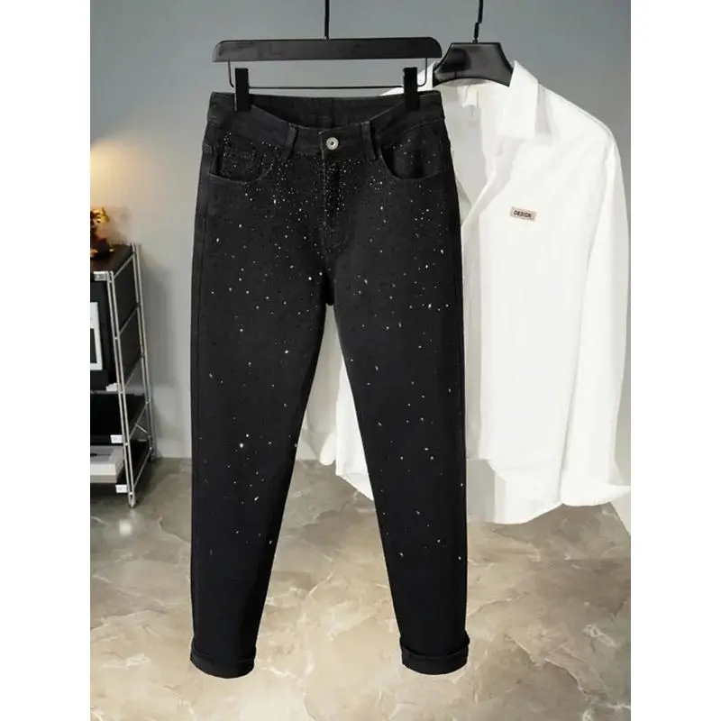 Slim Fit Korean Style Men's Jeans Elastic Black Small Foot Pants Sparkling Diamond Heat Pressed High End Trendy Brand Starry ...