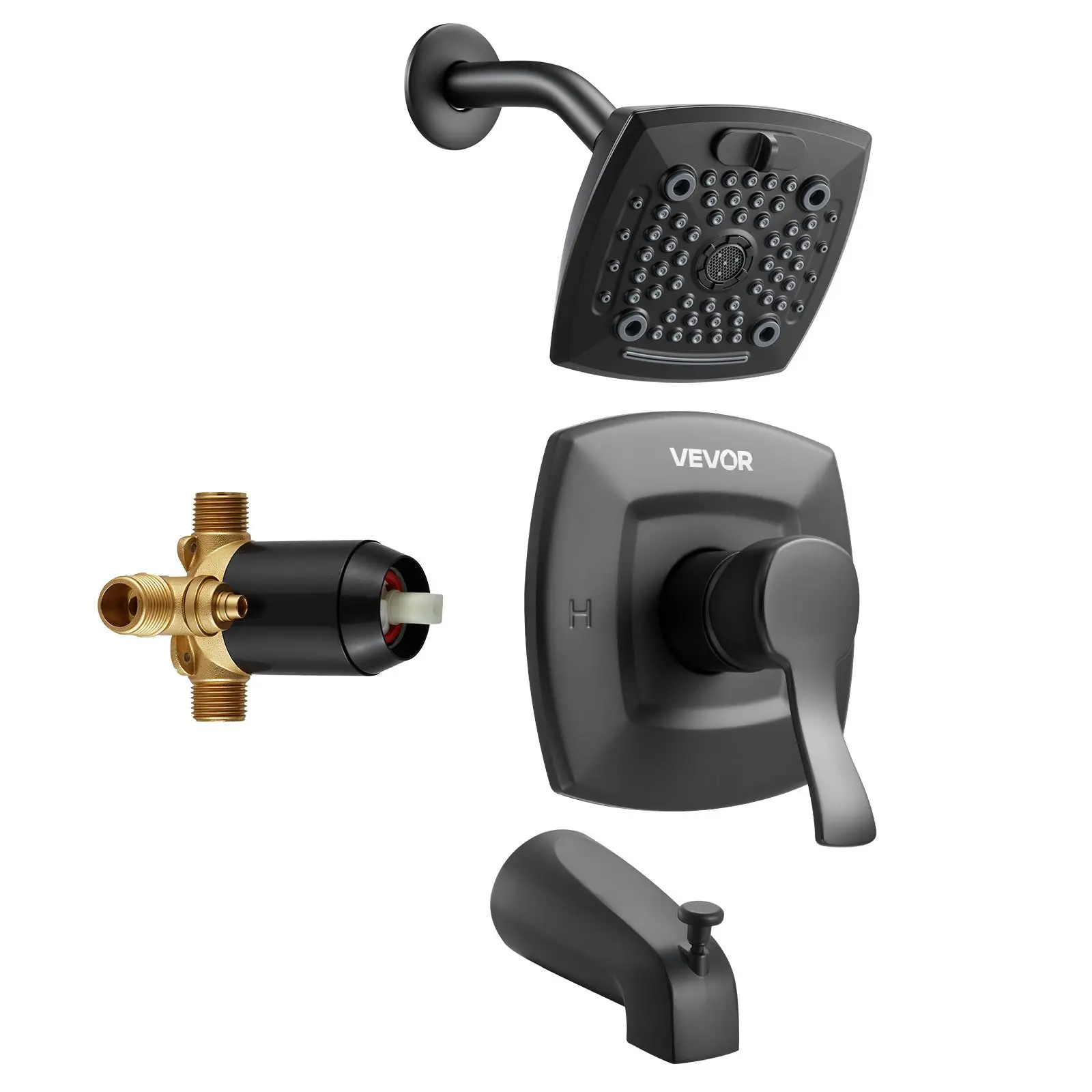 VEVOR Single-Handle Tub and Shower Faucet Kit, 5.1 in Rainfall Shower Head, Bathtub Spout, 5-Setting Adjustable Spray, Tub Trim Kit with Brass Pressure Balance Valve, Matte Black