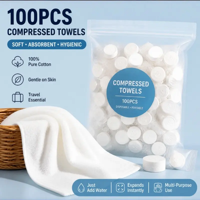 100-Pack Compressed Towels - Disposable Face Wipes, Lightweight Mini Travel Essentials, Portable Coin Tissues for Camping, Home Bath Accessories (Travel Supplies)