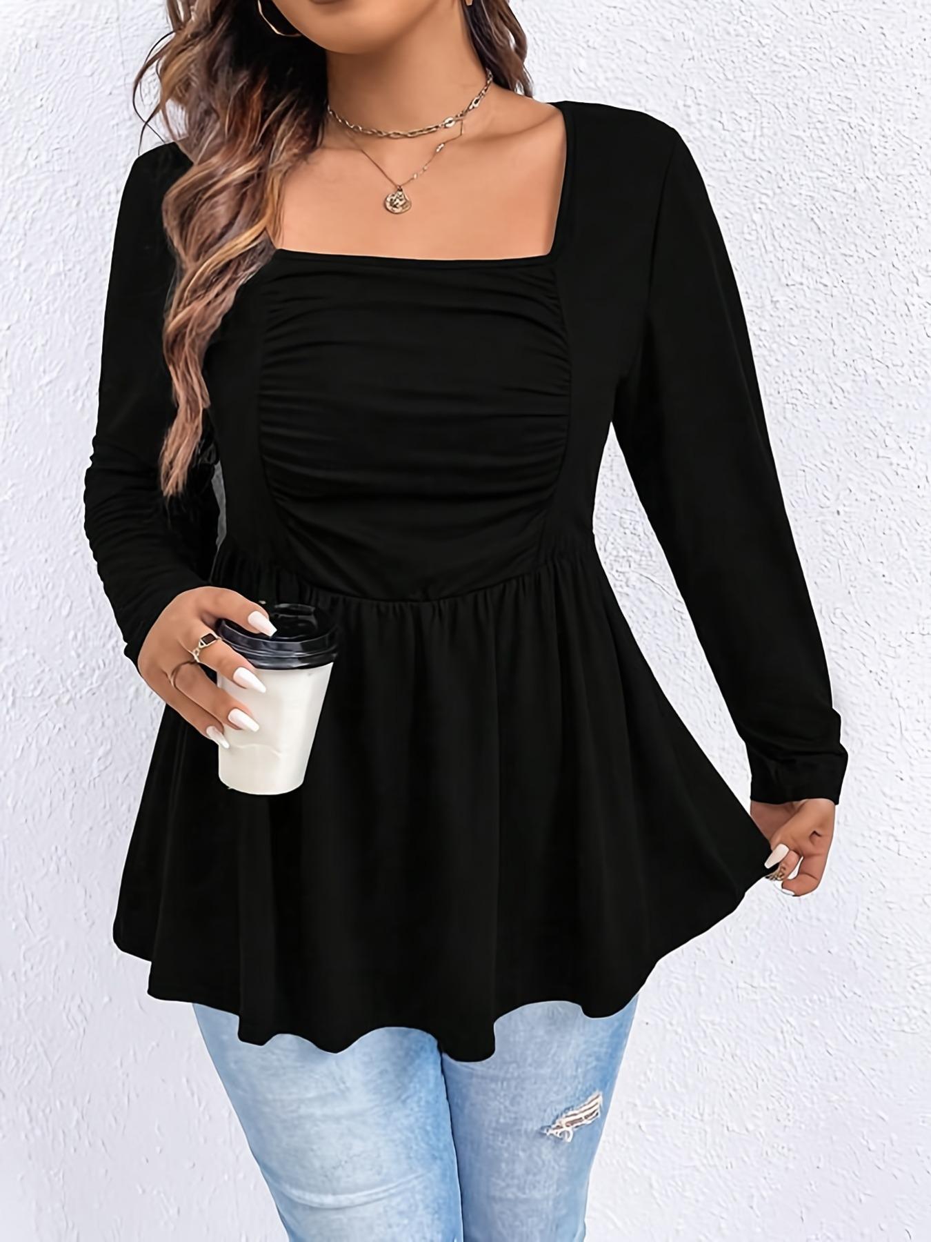 Plus Size Fitted Solid Ruched Peplum Tee, Casual Elegant Square Neck Long Sleeve T-shirt for Spring & Fall, Women's Plus Clothing for Daily Wear