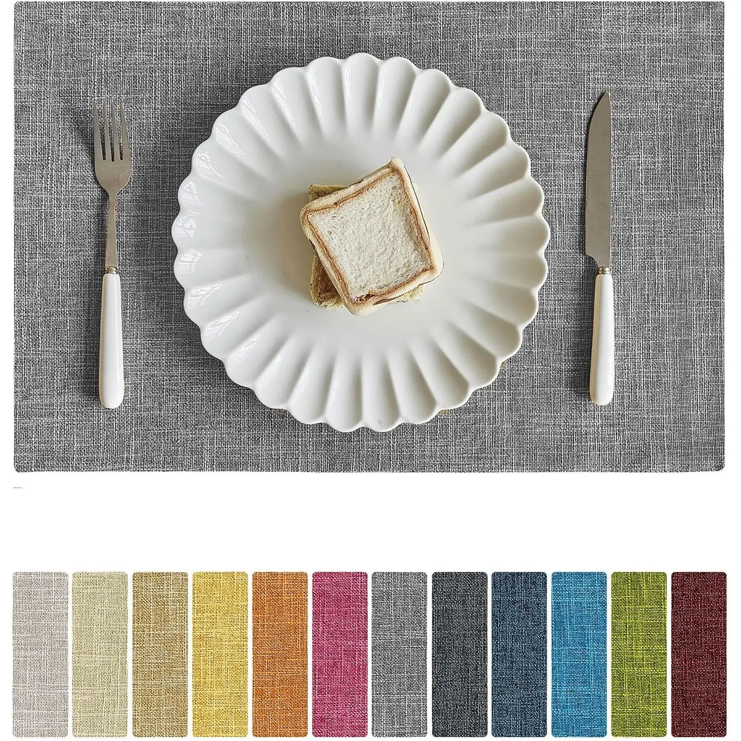 Faux Linen Placemats Set of 4, 12 x 18 Inch Light Grey, Heat Resistant Double Layered Durable Burlap Farmhouse Place Mats, Non-Slip Washable Rustic Table Mats for Dining Kitchen Party