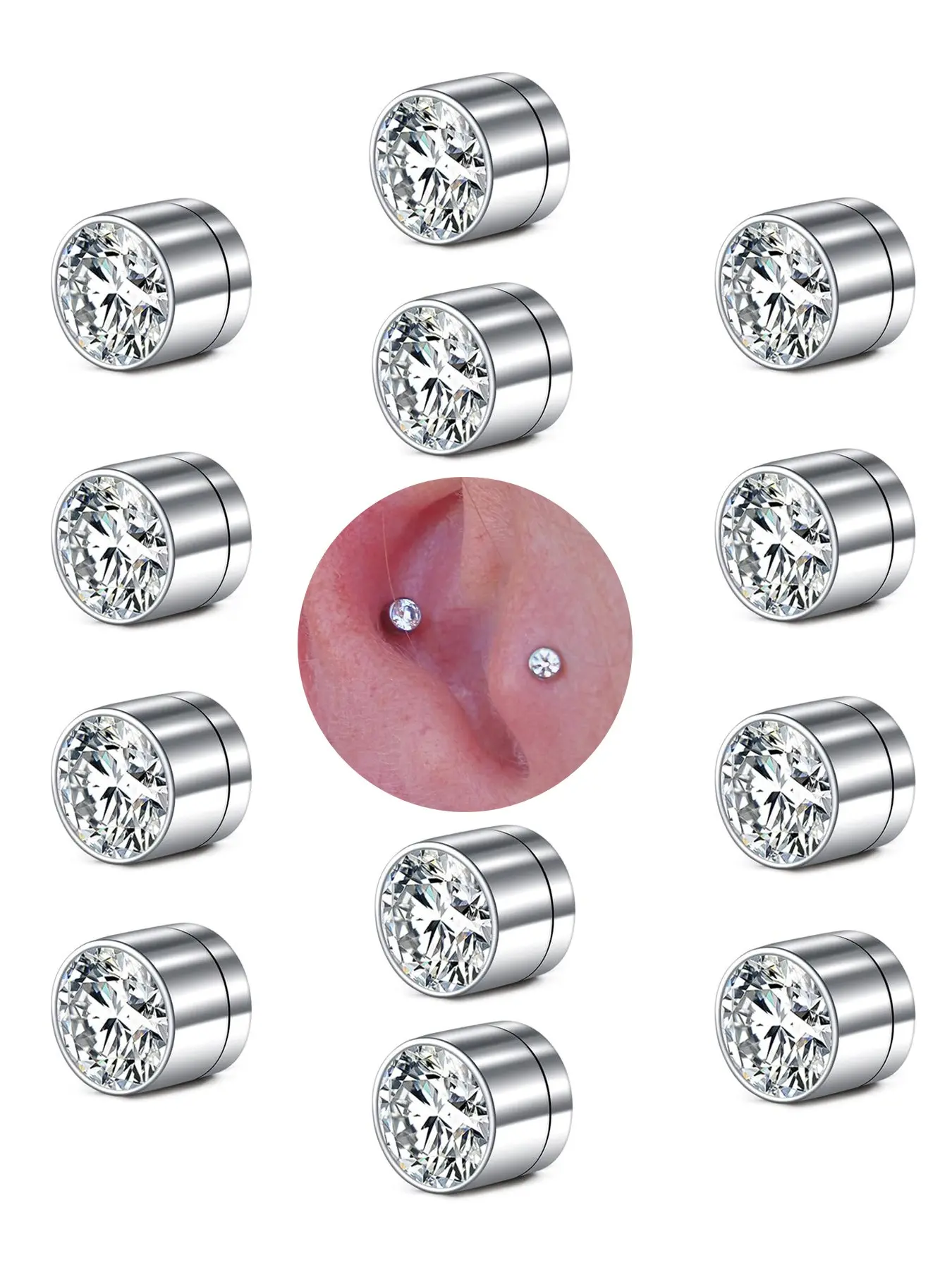 6 Pairs 5mm Magnetic Stud Earrings - Non Piercing Fake Clip On Earring Stainless Steel Hypoallergenic Magnet Ear Rings for Men Women, Fashion Cubic Zirconia Design Silver Not Easy to Fall off