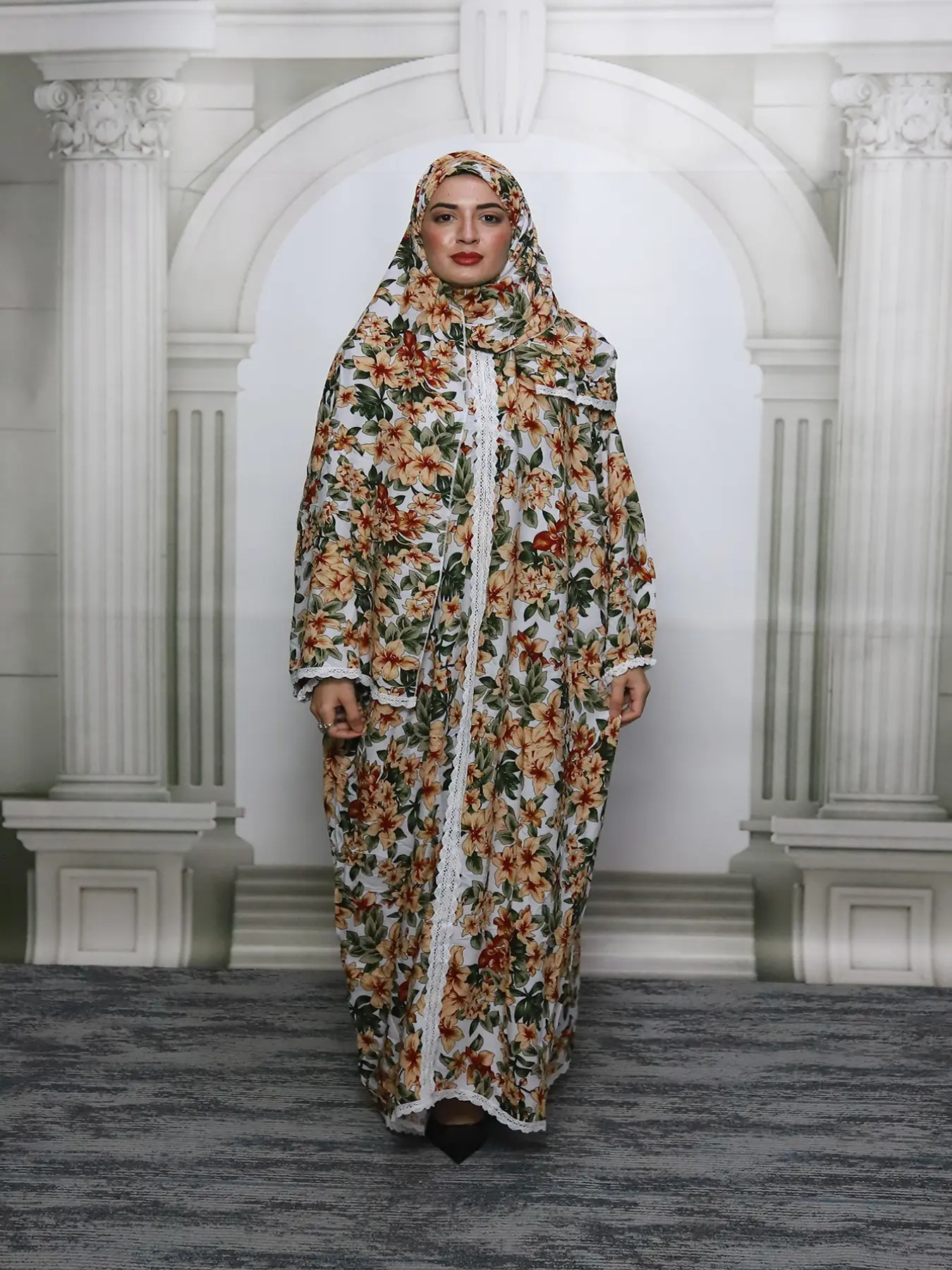 Middle Eastern Muslim Women's Scarf-Style Modesty Prayer Dress, Long Loose Comfortable Casual Ditsy Floral Print One-Piece, All Seasons Clothing