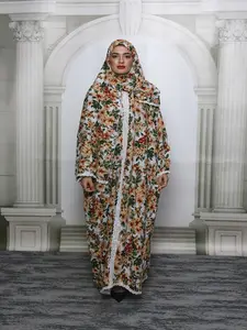 Middle Eastern Women's Scarf-Style Prayer Robe, Long Loose Comfortable Printed Dress, Elegant Floral Trim Design, Perfect for Daily Wear