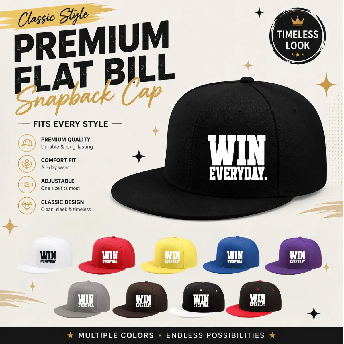 Multi-Color Optional Street-Printed Flat-Brimmed Baseball Cap, Adjustable, Featuring "Win Every Day" Encouragement Slogan