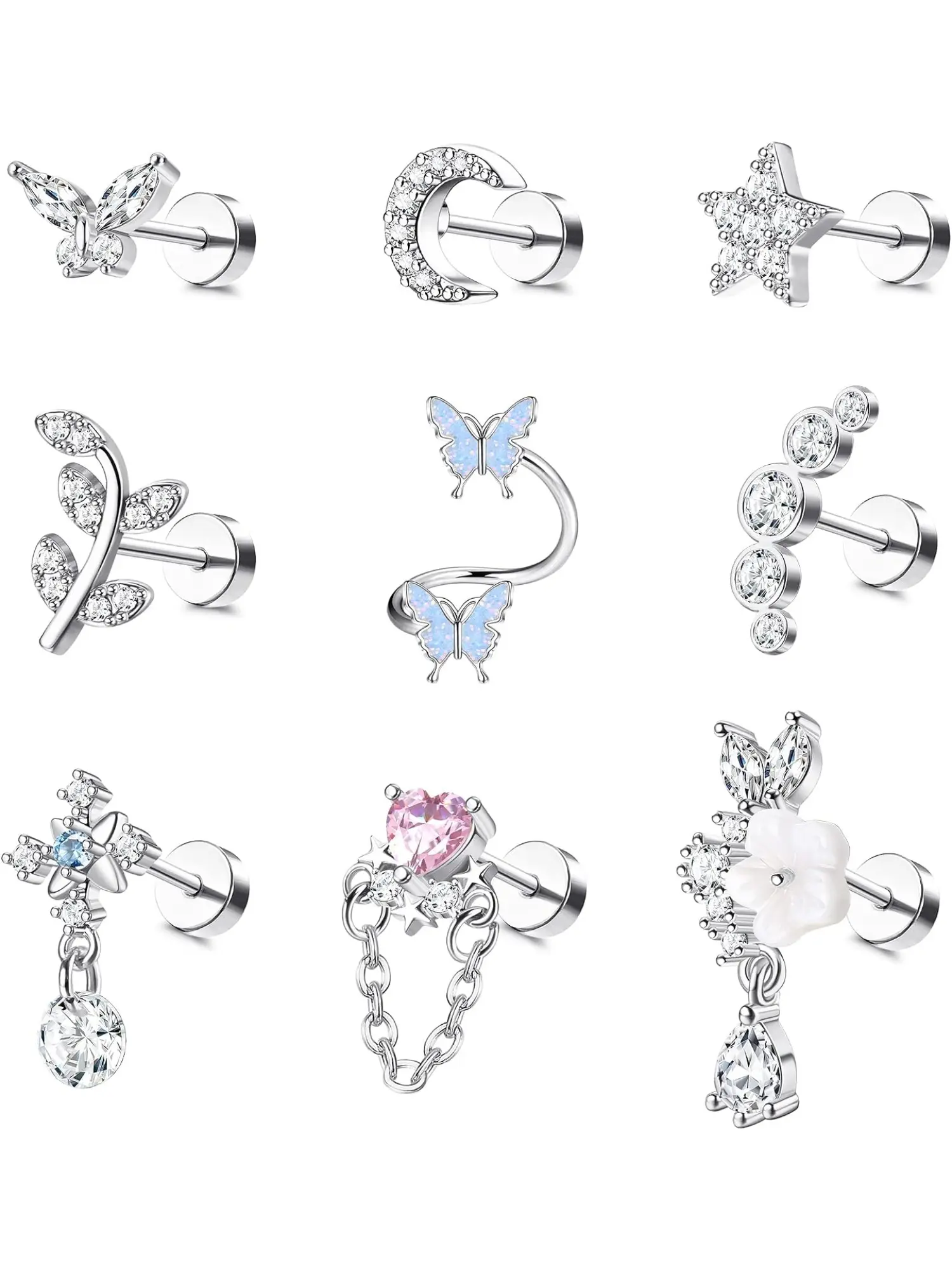 9 Pcs 16 Gauge Flat Back Cartilage Earrings for Women Hypoallergenic Stud Stainless Steel Earrings for Sensitive Ears Leaf Butterfly CZ Flatback Earring Set Helix Tragus Piercing Jewelry