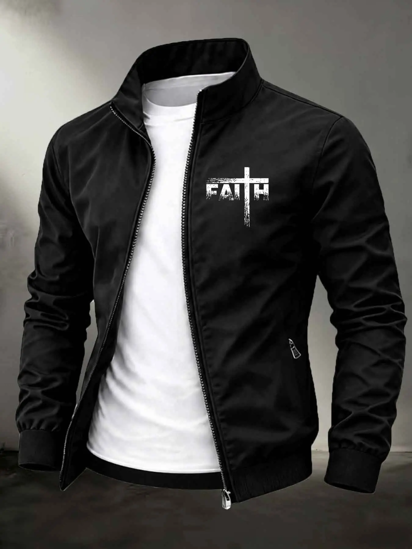 Men's Stand Collar Zip Up Lightweight Windbreaker Jacket, Distressed Cross "FAITH" Letter Graphic Print Christian Faith Casual Street Outerwear, Rib Cuff Daily Coat #FaithCrossJacket #ChristianStreetwear #ZipUpWindbreaker #MinimalistFaithPrint #TikTokMade