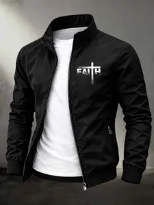 Men's Stand Collar Zip Up Lightweight Windbreaker Jacket, Distressed Cross "FAITH" Letter Graphic Print Christian Faith Casual Street Outerwear, Rib Cuff Daily Coat #FaithCrossJacket #ChristianStreetwear #ZipUpWindbreaker #MinimalistFaithPrint #TikTokMade