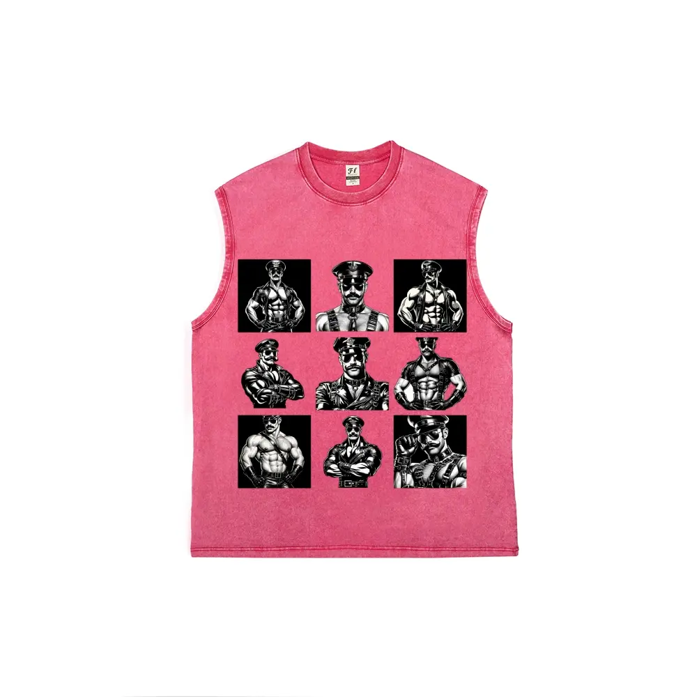 Men’s Vintage Acid Washed Pink Sleeveless Tank Top, Classic Tom of Finland Leather Hunk 9 Grid Muscle Man Graphic Print Crewneck Cutoff Cotton Vest, Retro LGBTQ Pride Casual Workout Tee S-5XL