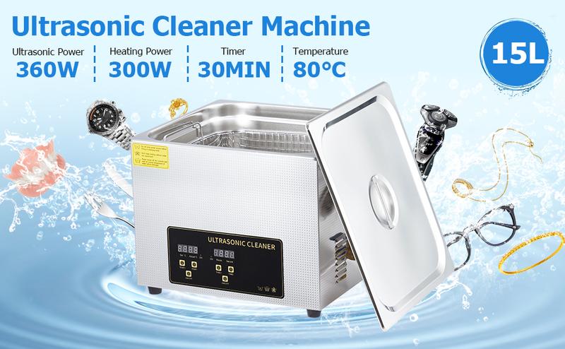 GARVEE  Ultrasonic Cleaner, 300W Heater ,360W 15L Ultrasonic Jewelry Cleaner Machine with Digital Timer Heater and 304 Stainless Steel for Industrial Parts ,Glasses, Instruments Cleaning