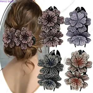 4-Pack Korean Double Flower Rhinestone Hair Claw Clips, Luxury Glitter Crystal Hair Barrettes, Sparkly Accessory for Women & Girls with Thick and Long Hair