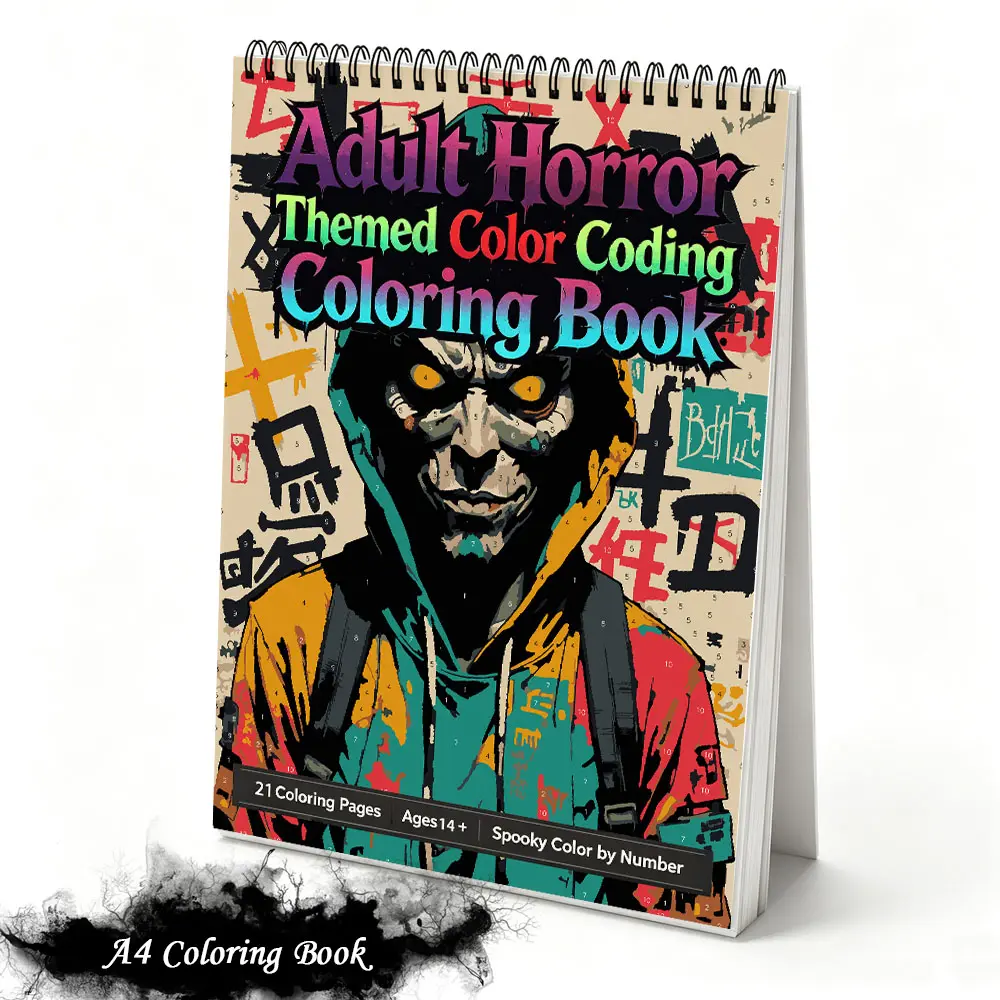 Horror Spooky Color By Number Adult Coloring Book Spiral Bound A4 Size 21 Pages Thick Paper Single Sided Peaceful Soul Healing Stress Relief Anxiety Relief Relaxation Calm Activity Birthday Holiday Present Halloween Christmas Favor