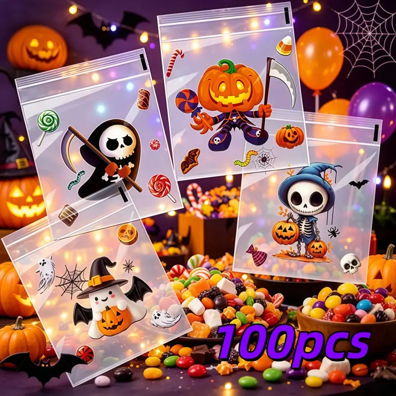 100pcs Cute Halloween Self-Seal Bags, Moisture-Proof Dust-Resistant, Ideal for Candy, Small Gifts, DIY Snacks, Festive Packaging